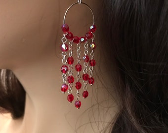 Waterfall Earrings: Siam Red Czech Glass Cascades from a Silver Hoop