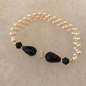 Pearl Bracelet: Crystal Pave Bead with Black Swarovski Crystals and Cream Swarovski Pearls on Stretch Cord