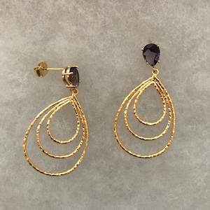 Crystal Earrings: Amethyst Cubic Zirconia with Post with Gold Triple Teardrop