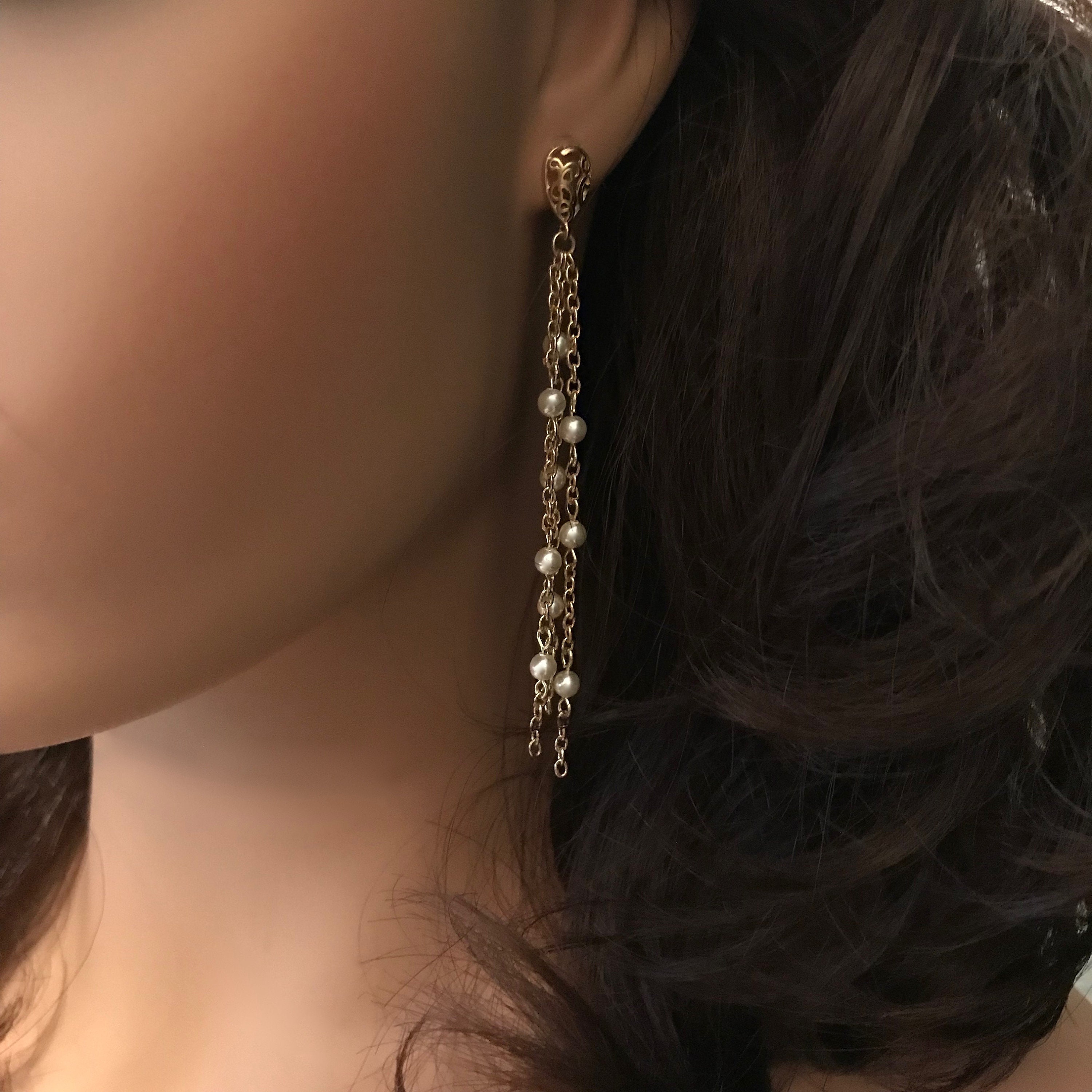 Pearl Tassel Earrings: Gold Chain Tassel With Cream Swarovski - Etsy