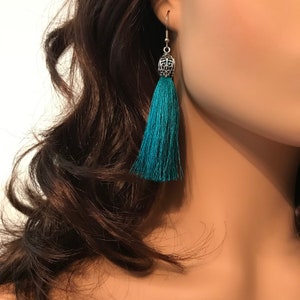 Silk Tassel Earrings: Turquoise Silk Tassel with Spanish Silver Filagree Bead Cap