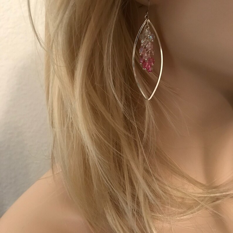 Ombre Pink with Silver Oval Czech Glass Earrings