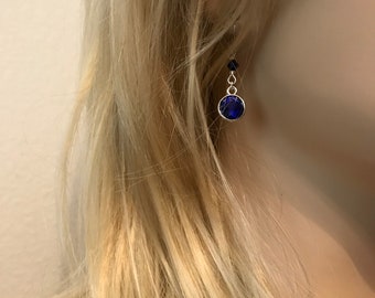 Crystal Earrings: Blue Austrian Crystal in Rhodium Setting with Swarovski Crystal Accent