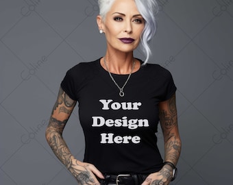 Ältere Dame schwarzes Tshirt Mockup, weibliches schwarzes T-shirt, Frau Mockup, digitaler JPG Download, alte Dame Mock, Oma Tshirt Mockup