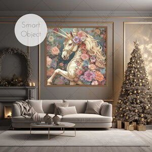 Beautiful Christmas Beige Living Room Mockup with Smart Object, 1 Frame, 2 Frames, Blank Wall, Horizontal Frame, Vertical Frame