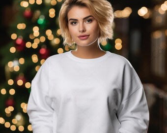 Christmas White Sweatshirt Woman Mockup, JPG Digital Download, Sweatshirt Mock up, Christmas Mockup, Christmas Background