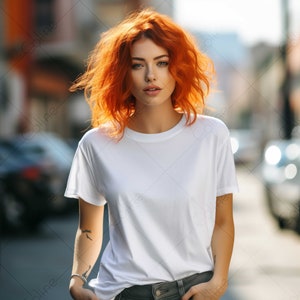 White T-shirt Mockup, Redhead Female Mockup, JPG Digital Download, White T-Shirt Mockup, Red Hair Woman Mockup