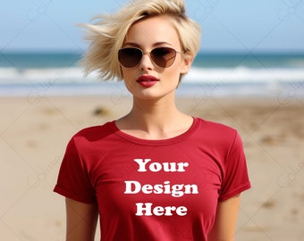 T-shirt rouge cheveux courts femme maquette, téléchargement numérique JPG, maquette de chemise de plage, maquette de T-shirt rouge, maquette de T-shirt