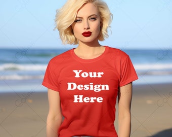 Blonde Woman Mockup Red T-shirt , JPG Digital Download, Beach Shirt Mockup, Summer Red T-Shirt Mockup, Tshirt mock