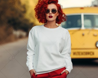 White Sweatshirt Model Mockup, Red Hair Model Mockup, JPG Digital Download, Sweatshirt Mock up,