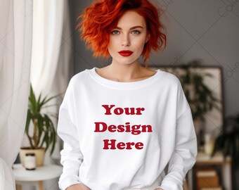 White Sweatshirt Red Hair Model Mockup, Model Mockup, JPG Digital Download, Sweatshirt Mock up, Sweater