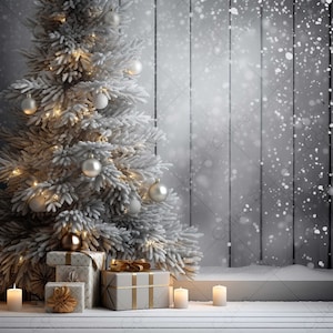 May include: A snowy white Christmas tree with gold and silver ornaments, surrounded by wrapped gifts and lit candles on a white wooden surface.