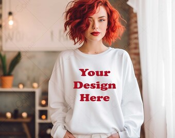 White Sweatshirt Red Hair Model Mockup, Model Mockup, JPG Digital Download, Sweatshirt Mock up, Sweater