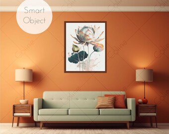 Orange Modern Living Room Mockup with Smart Object, Minimalistic Interior Mockup