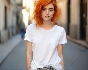 Redhead Female Mockup, JPG Digital Download, White T-shirt Mockup, White T-Shirt Mockup, Red Hair Woman