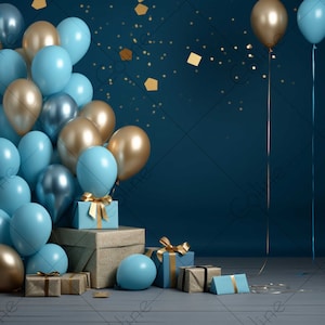 Birthday Blue Gold Background, JPG Digital Background, Digital Backdrop, Background Mockup, Party Backdrop with Balloons