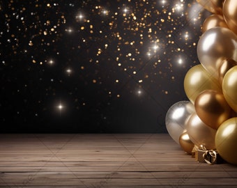 Birthday Black Gold Background, JPG Digital Background, Digital Backdrop, Background Mockup, Party Backdrop with Balloons