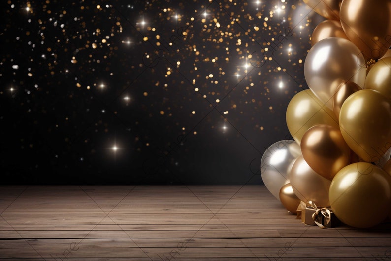 Birthday Black Gold Background, JPG Digital Background, Digital Backdrop, Background Mockup, Party Backdrop with Balloons image 1