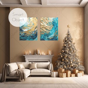 Christmas Beige Living Room Mockup with Smart Object, 1 Frame, 2 Frames, Blank Wall, Horizontal Frame, Vertical Frame