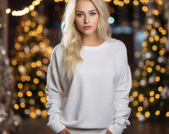 Christmas White Sweatshirt Model Mockup, JPG Digital Download, Sweatshirt Mock up, Christmas Mockup, Christmas Background