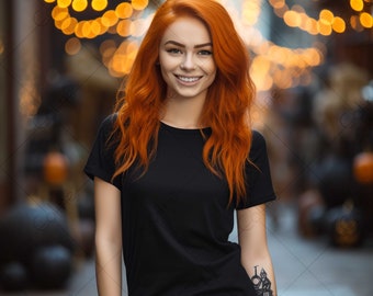 Redhead Female Mockup, JPG Digital Download, Black T-shirt Mockup, Black T-Shirt Mockup, Red Hair Woman