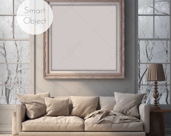 Interior Frame Living Room Mockup with Smart Object, 1 Frame, Wall Art Mockup, PSD Digital Download, Mockup Frame