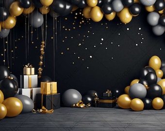 Birthday Black Wall Background, JPG Digital Background, Digital Backdrop, Background Mockup, Party Backdrop with Balloons