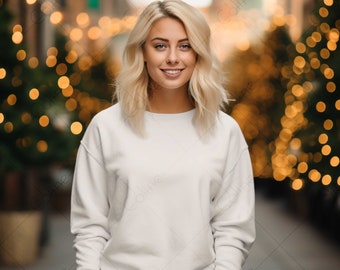 Christmas White Sweatshirt Model Mockup, JPG Digital Download, Sweatshirt Mock up, Christmas Mockup, Christmas Background