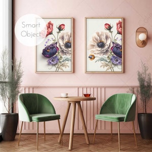 May include: Two framed floral art prints featuring watercolor-style flowers in red, purple, and cream hues. The prints hang above a small wooden table and two green velvet chairs. The text "Smart Object" is visible.