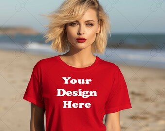 Red T-shirt Blonde Woman Mockup, JPG Digital Download, Beach Shirt Mockup, Summer Red T-Shirt Mockup, Tshirt mock