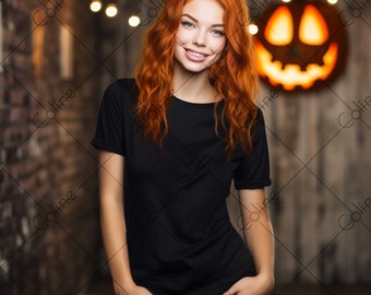 Halloween Shirt Mockup, JPG Digital Download, Black T-shirt Mockup, Black T-Shirt Mockup, Halloween Background