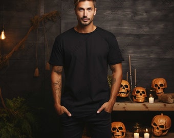 Men Mockup T-shirt Halloween Background, JPG Digital Download, Black T-shirt Mockup, Shirt Mockup