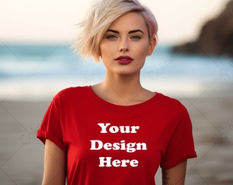 Red T-shirt Woman Mockup, JPG Digital Download, Beach Shirt Mockup, Red T-Shirt Mockup, Tshirt mock