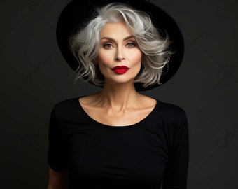 Old Lady Black Tshirt Mockup, Female Black T-shirt, Woman Mockup, JPG Digital Download, Older Lady Mock