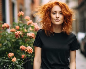 Rothaarige weibliche Mockup, digitaler Download JPG, schwarzes T-Shirt Mockup, schwarzes T-Shirt Mockup, rotes Haar Frau
