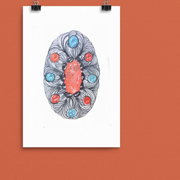 Watercolour Antique Broach Painting Print - A5 Print, Small Art - Original watercolour art printed on A5 card