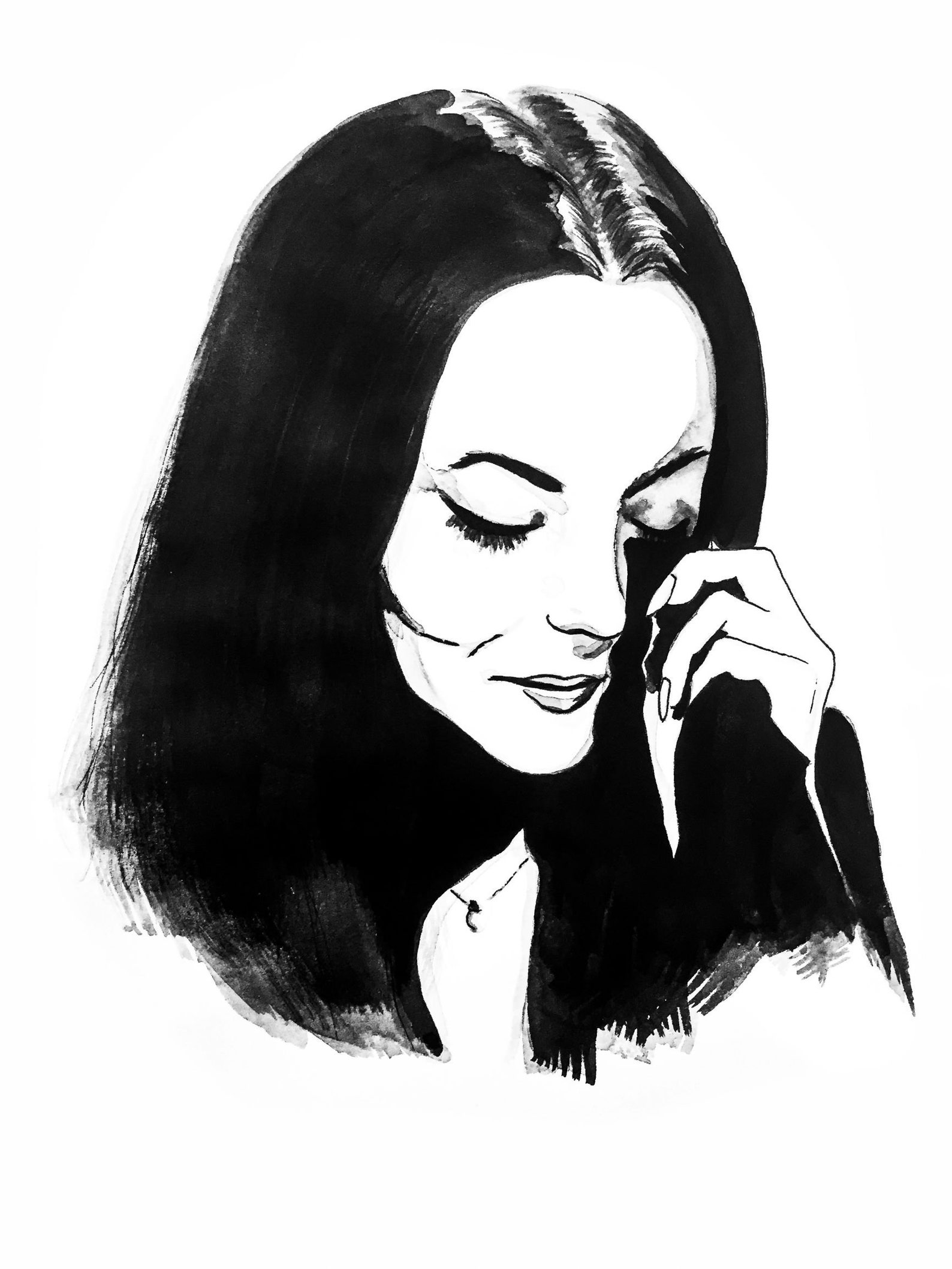 Weeping Morticia Addams - Ink Painting, by artist Amanda Wells - Black and ...
