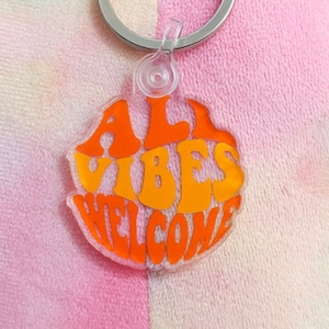 ALL VIBES WELCOME 70s Retro Acrylic Keychain, Groovy 70s Inspired Gift