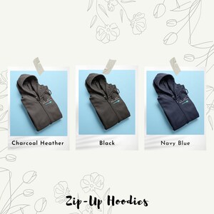 May include: Three zip-up hoodies in charcoal heather, black, and navy blue. Each hoodie features a small embroidered design on the left chest.
