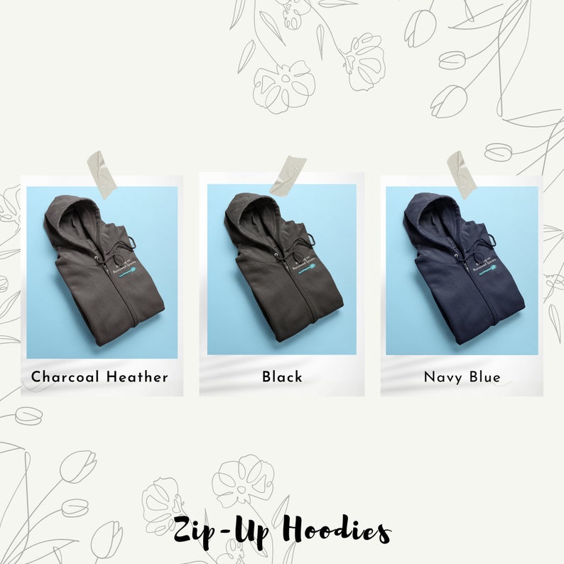 May include: Three zip-up hoodies in charcoal heather, black, and navy blue. Each hoodie features a small embroidered design on the left chest.