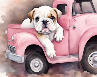 Clipart. Bulldog, truck, cute dog, watercolor, digital download, 4 PNG