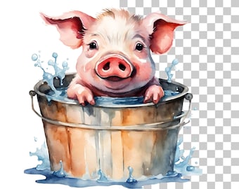 Cute piglet, in a water bucket. PNG. cute animals digital download  Transparent Sublimation Design PNG