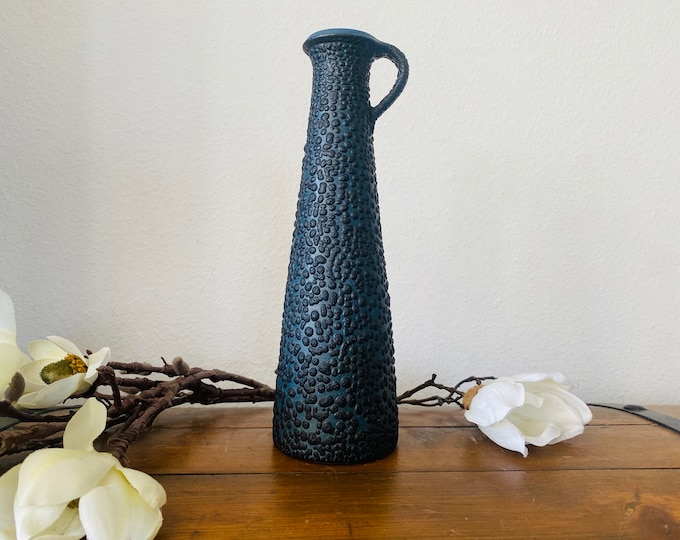 Studio ceramic vase by Kießling, black turquoise, reduction glaze, snake skin, vintage 50s-60s, East German ceramics, midcentury