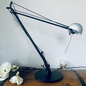 May include: A black adjustable desk lamp with a silver shade. The lamp is on a wooden table with white flowers.