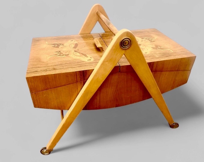 Mid-Century sewing table, sewing cabinet, chest of drawers with elaborate inlay work butterflies, 1960s