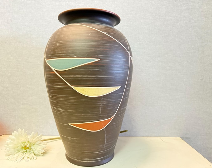 Fantastic SAWA floor vase 201/40, 42 cm, graphic decor, engobe, West Germany 1950