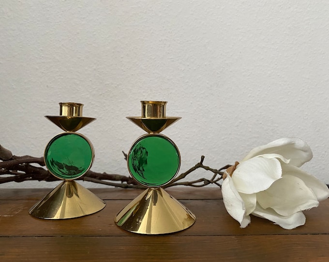 Beautiful set of Gunnar Ander candlesticks in brass and green glass, for Ystad-Metall. MidCentury