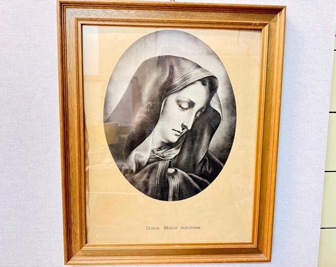 Old religious image of Mary, large print, glazed, in an old wooden frame
