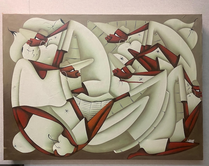 Rare, Vintage XL Original Oil Painting by Haitian Artist Laurent Casimir (1928-1990)Cubist Milieu Study, MCM 74x101