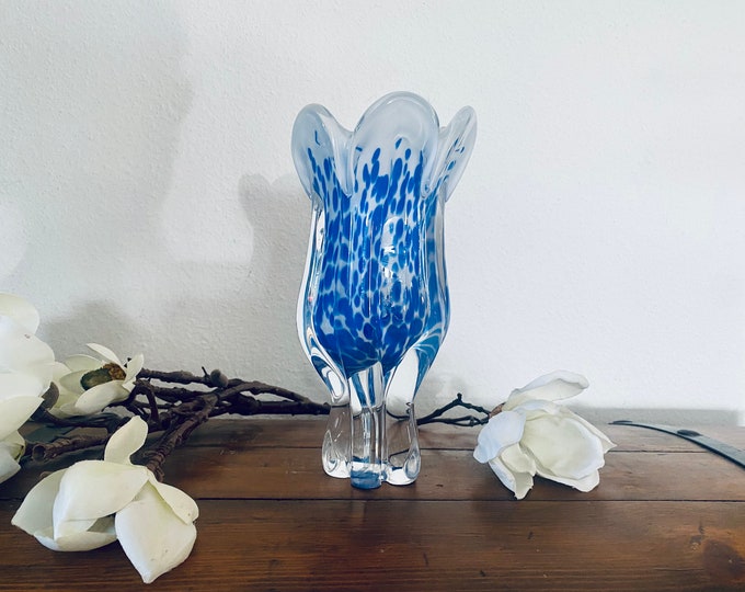 Vintage Royal Gallery Vase, hand-blown blue and white heavy glass vase, made in Poland 1980s